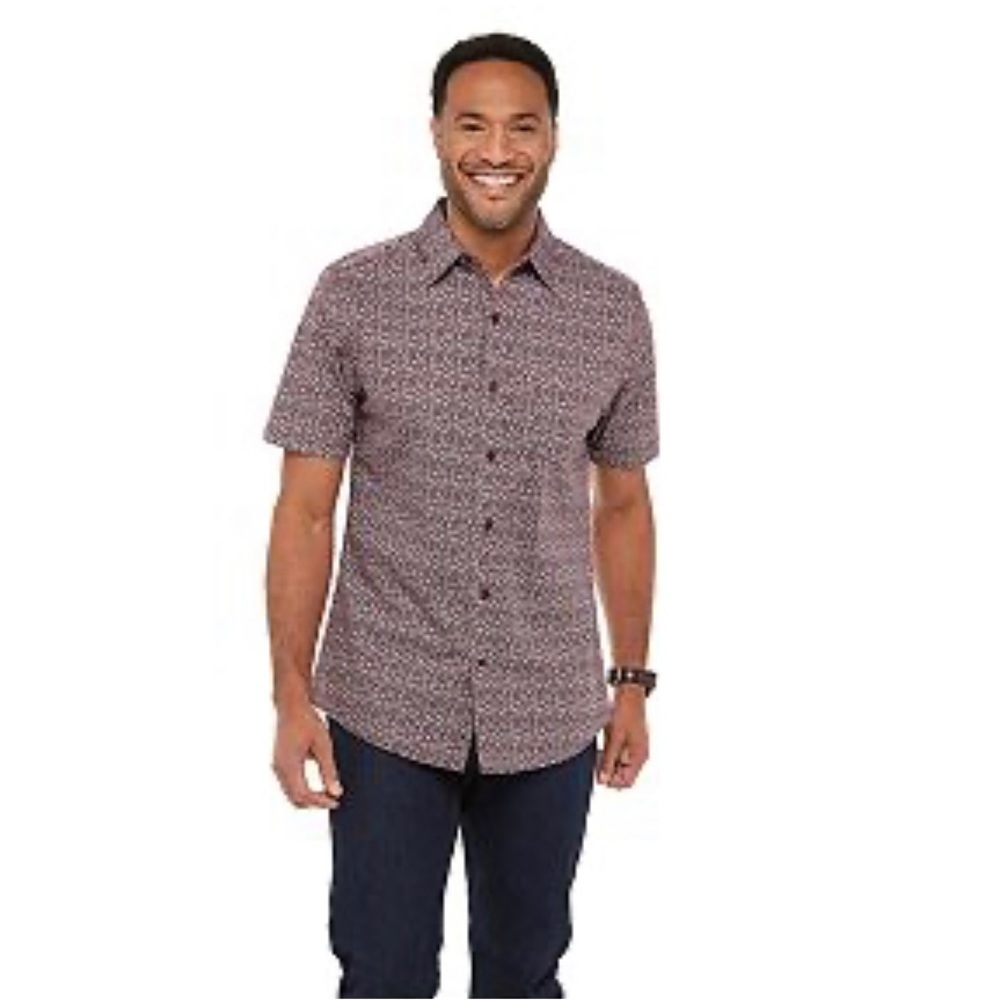 Haggar | Tuckless Button-Down Shirt, Burgundy in Color with a White Flor…